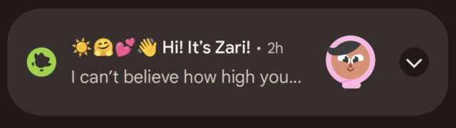 notification from Duolingo that reads "☀️🤗💕👋 Hi! It's Zari! I can't believe how high you..." with a profile picture of an animated teenage girl in a hijab