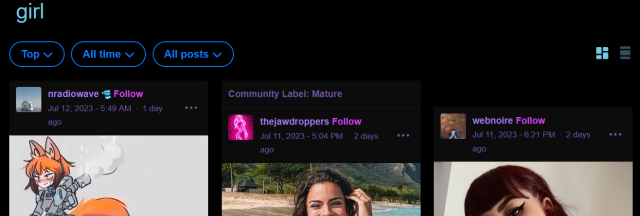 [ID: Tumblr search of "girl" that was successful, showing several posts. End ID.]