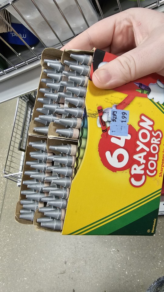a 64 pack of crayons but every crayon is the same color, silver.