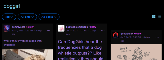 [ID: Tumblr search of "doggirl" that was successful, showing several posts. End ID.]