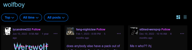 [ID: Tumblr search of "wolfboy" that was successful, showing several posts. End ID.]